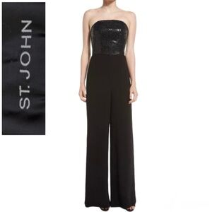 ST. JOHN Formal Black Elegant Strapless Sequined Wide Leg Minimalist Jumpsuit 12